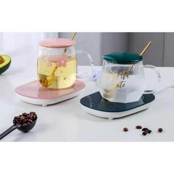 Чашка стеклянная "Save the Date" с подставкой - подогревом, зарядкой usb и ложечкой в подарочной упаковке, 350 мл, 1 шт