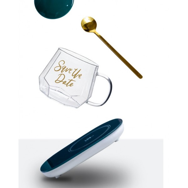 Чашка стеклянная "Save the Date" с подставкой - подогревом, зарядкой usb и ложечкой в подарочной упаковке, 350 мл, 1 шт