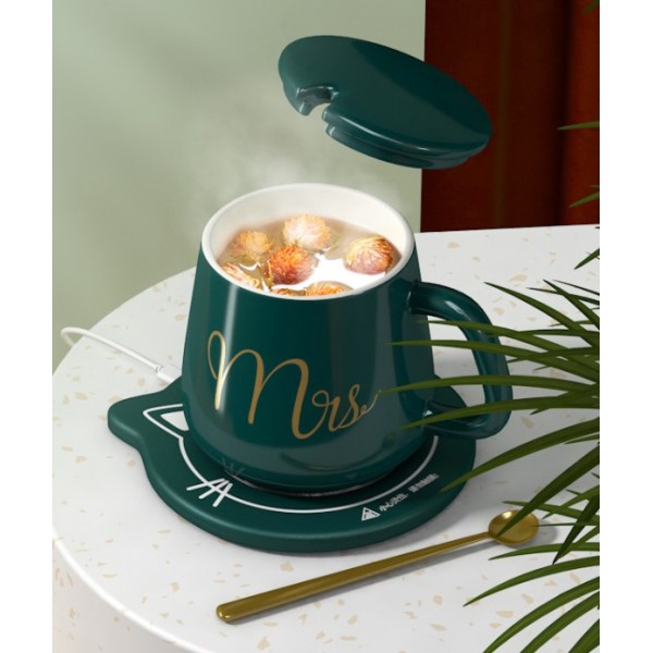 Чашка керамічна темно-зелена з підставкою - підігрівом (до + 55С), "Mister", 350 мл, 1 шт