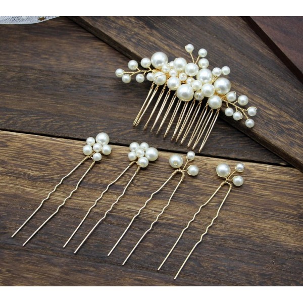 Шпильки для волос с жемчугом, золото, серебро, набор 5 шт