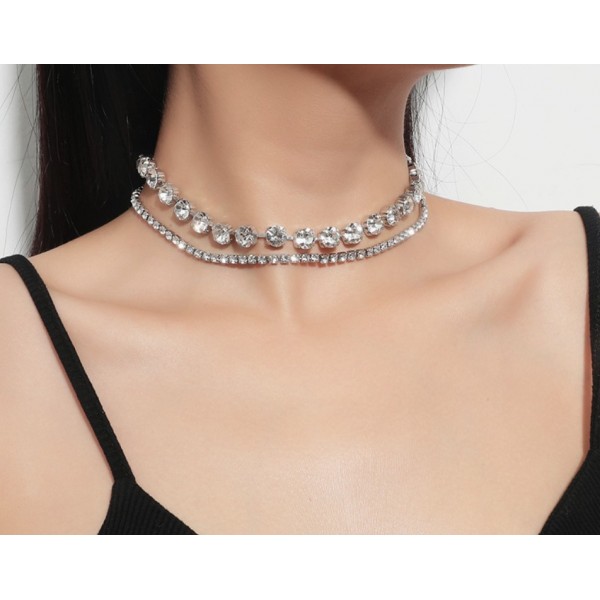 Чокер зі стразами та камінням, подвійний, срібло, 32х10х31х10 см