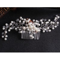 Шпилька - гребінець для волосся, з перлами та кристалами, срібло, 6,5х22 см