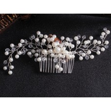 Шпилька - гребінець для волосся, з перлами та кристалами, срібло, 6,5х22 см