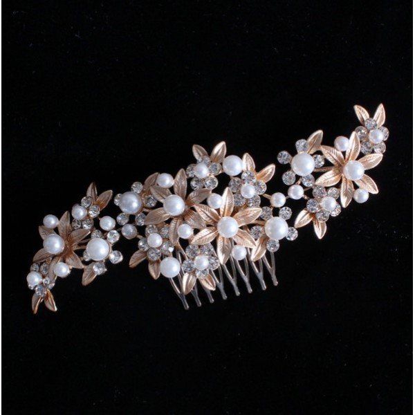 Гребінець для волосся, прикраса з квітами та перлами, два кольори, золото, 17х7 см