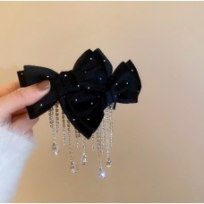 Бант для волосся, чорний, зі стразами та камінням, 13,7х13 см