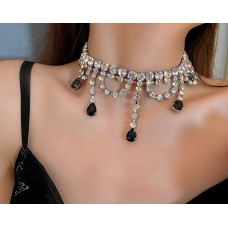 Чокер зі стразами та чорним камінням, срібло, 43,6 см