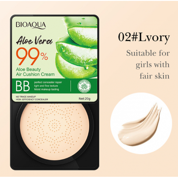 Кушон Bioaqua Aloe Vera Beauty Air Cushion Cream, з екстрактом алое вера, тон 02 слонова кістка, 20 г