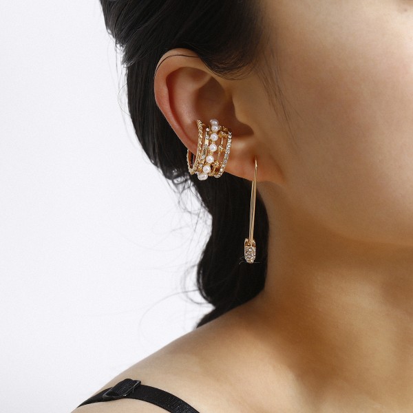 Сережка кафф з перлами і стразами "Luxury Hairpin", набір 2 шт, золото