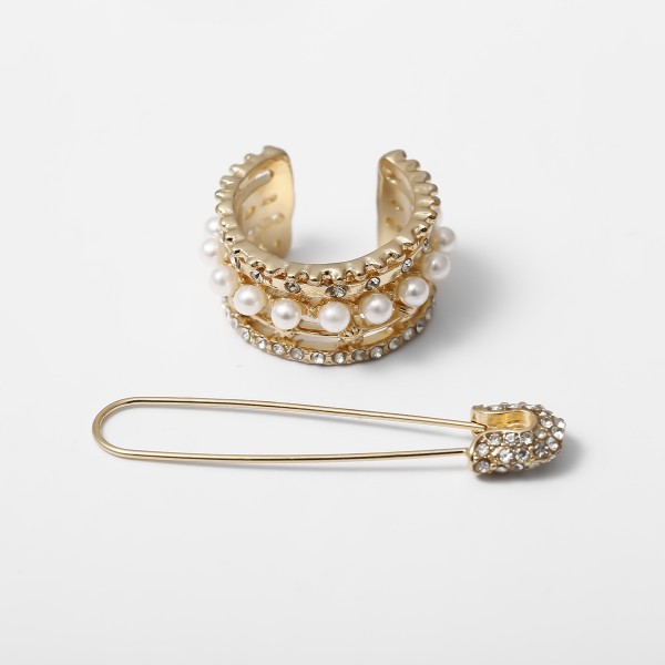 Сережка кафф з перлами і стразами "Luxury Hairpin", набір 2 шт, золото
