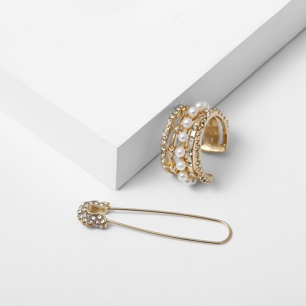 Сережка кафф з перлами і стразами "Luxury Hairpin", набір 2 шт, золото