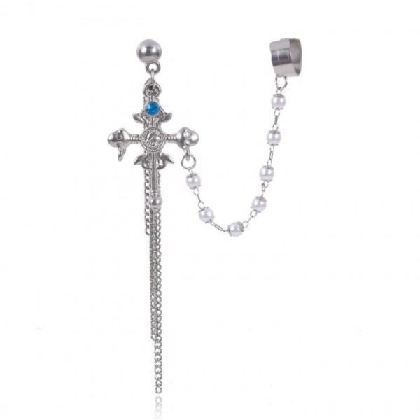 Серьга каффа с жемчугом и стразами "Pearls Crosses", с крестиком Серьга каффа с жемчугом и стразами "Pearls Crosses", с крестиком