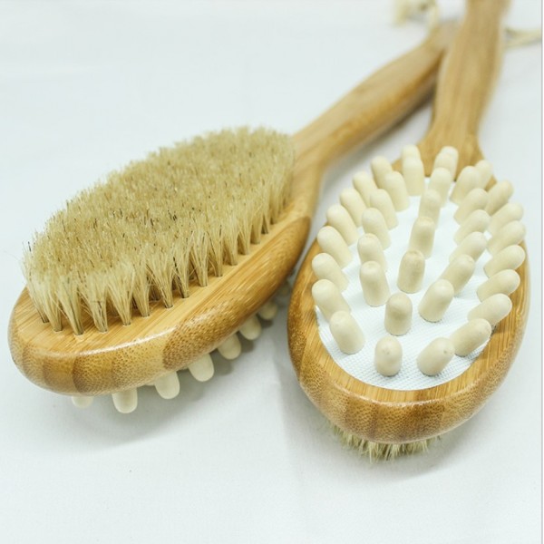 Щітка двостороння для сухого масажу тіла від целюліту, з натуральною щетиною і масажером,40 см