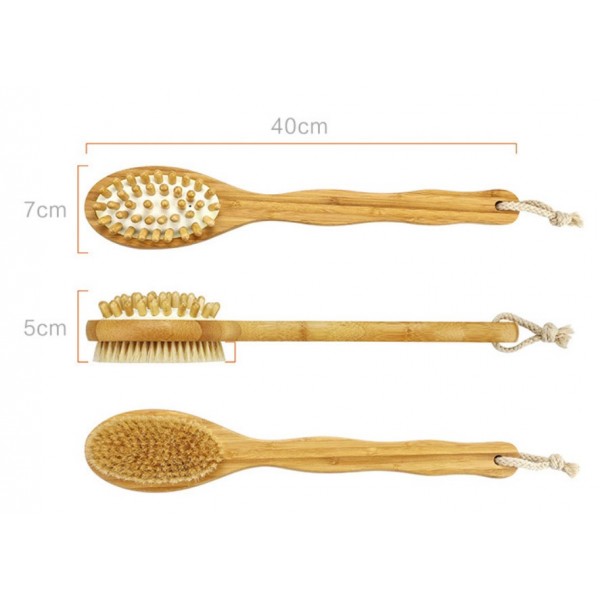 Щітка двостороння для сухого масажу тіла від целюліту, з натуральною щетиною і масажером,40 см