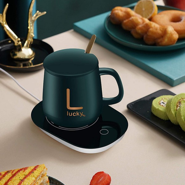 Чашка керамічна темно-зелена з підставкою - підігрівом, зарядкою USB і ложечкою в упаковці-пакеті, 350мл