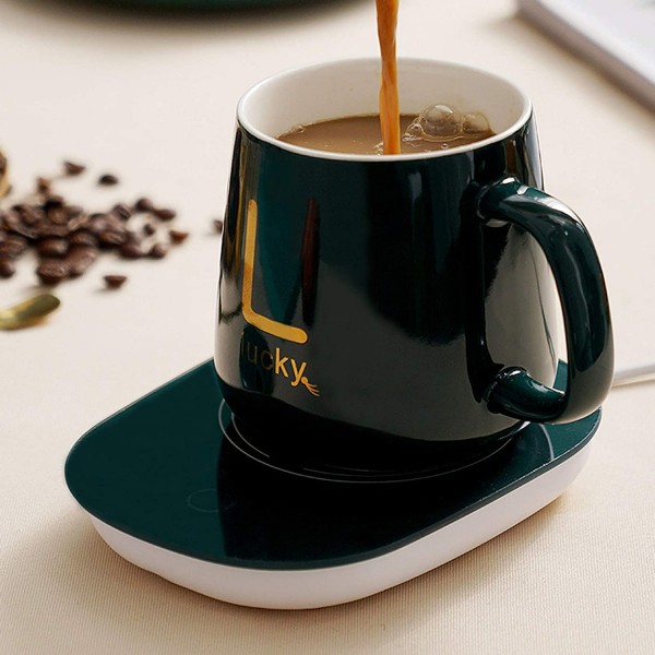 Чашка керамічна темно-зелена з підставкою - підігрівом, зарядкою USB і ложечкою в упаковці-пакеті, 350мл