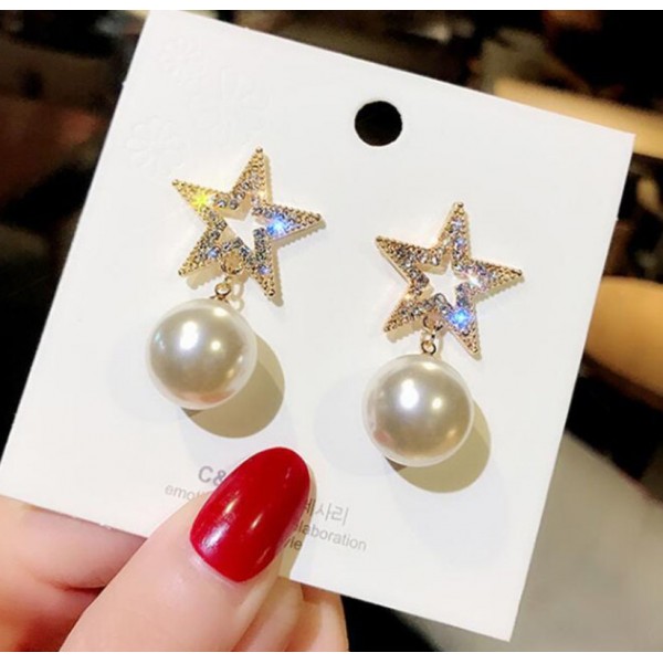 Сережки зірки з перлинами "Red Pearl Stars", золото