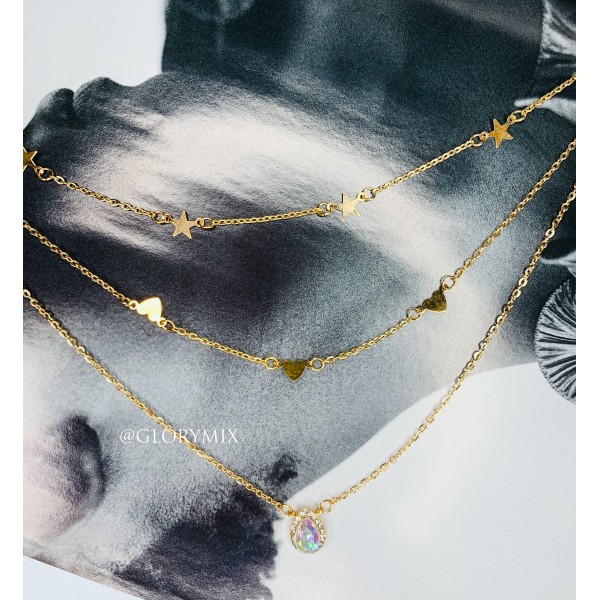 Ланцюжок багатошаровий, із сердечками та каменем, золото