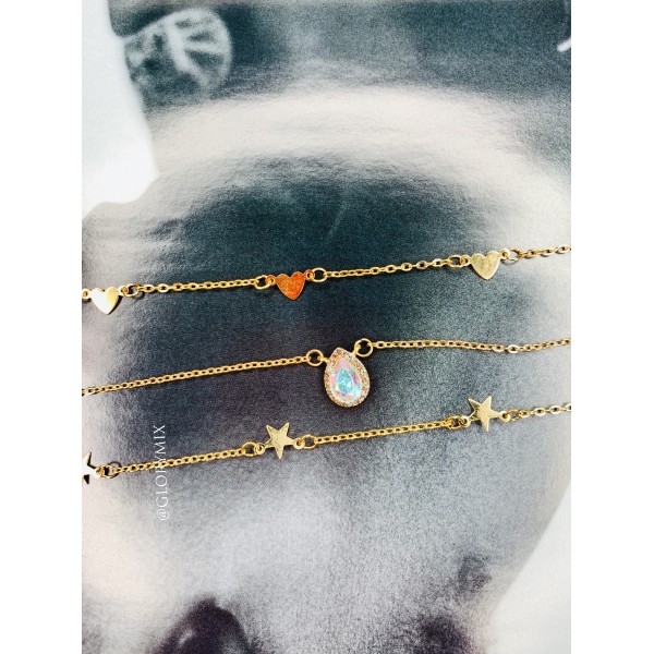 Ланцюжок багатошаровий, із сердечками та каменем, золото Ланцюжок багатошаровий, із сердечками та каменем, золото