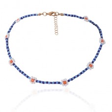 Чокер із синьо-блакитного бісеру з ромашками "Dark Blue Daisies", 1шт