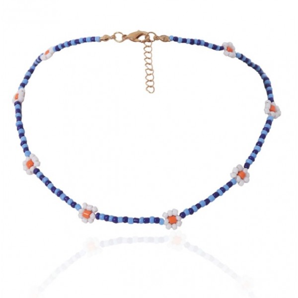 Чокер із синьо-блакитного бісеру з ромашками "Dark Blue Daisies", 1шт