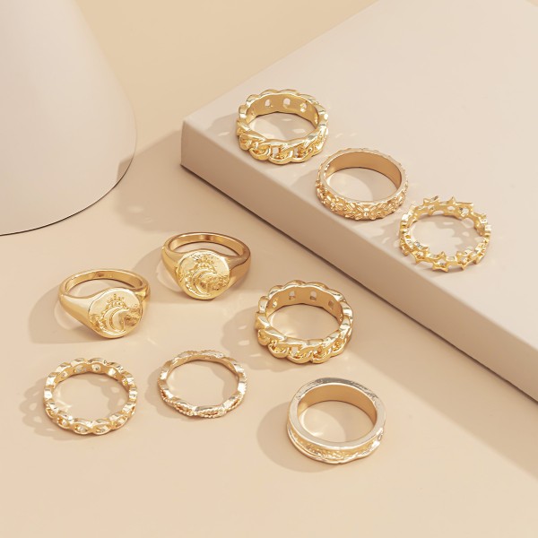 Каблучки "Gold Minimalism", набір каблучок, 9 штук