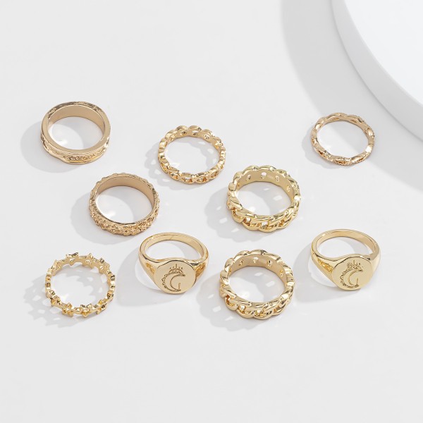 Каблучки "Gold Minimalism", набір каблучок, 9 штук