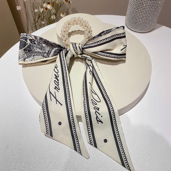 Резинка з перлами і бантом-стрічкою "France Paris", резинка бант, резинка зі стрічкою 