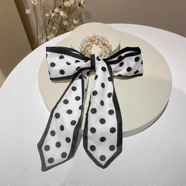 Резинка з перлами і бантом-стрічкою в горошок, резинка бант, резинка зі стрічкою "White Peas"