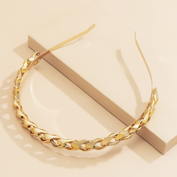 Ободок для волос "Golden Pigtail", обруч для волос косичка, золото