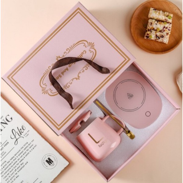 Чашка керамічна ніжно-рожева з підставкою - підігрівом, зарядкою USB і ложечкою в упаковці-пакеті, 350мл