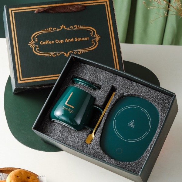 Чашка керамічна темно-зелена з підставкою - підігрівом, зарядкою USB і ложечкою в упаковці-пакеті, 350мл
