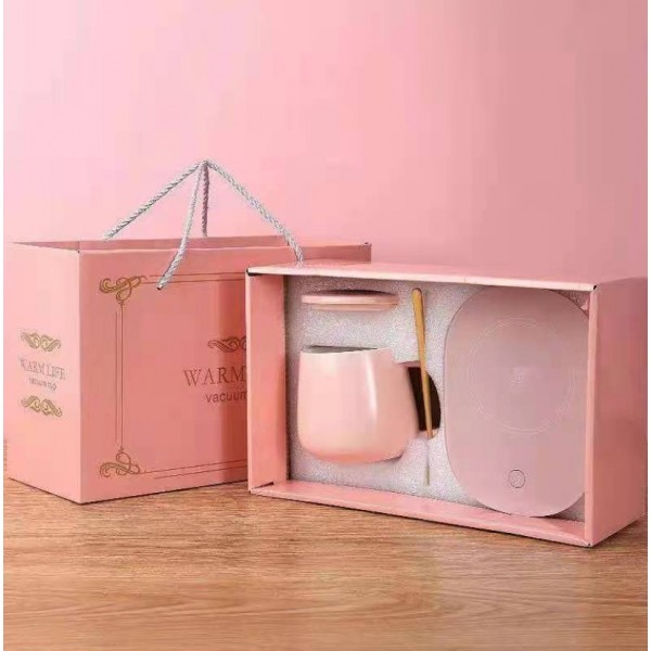 Чашка керамічна ніжно-рожева з підставкою - підігрівом, зарядкою USB і ложечкою в упаковці-пакеті, 350мл