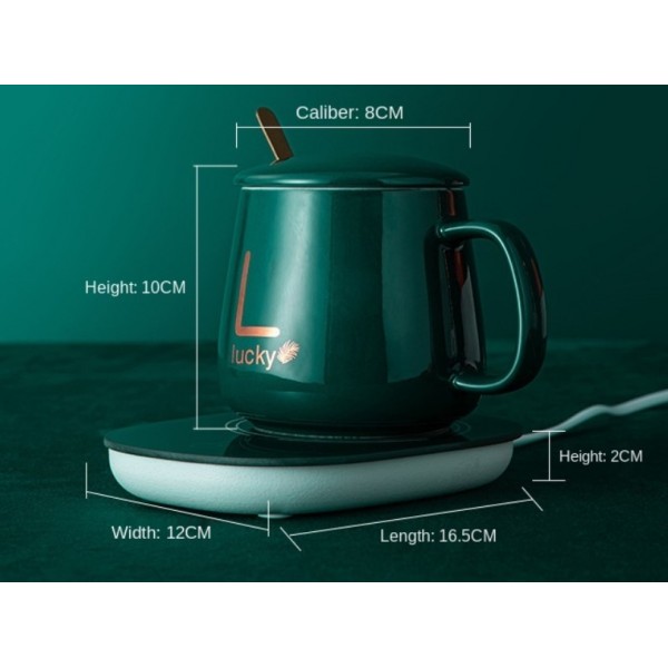 Чашка керамічна ніжно-рожева з підставкою - підігрівом, зарядкою USB і ложечкою в упаковці-пакеті, 350мл