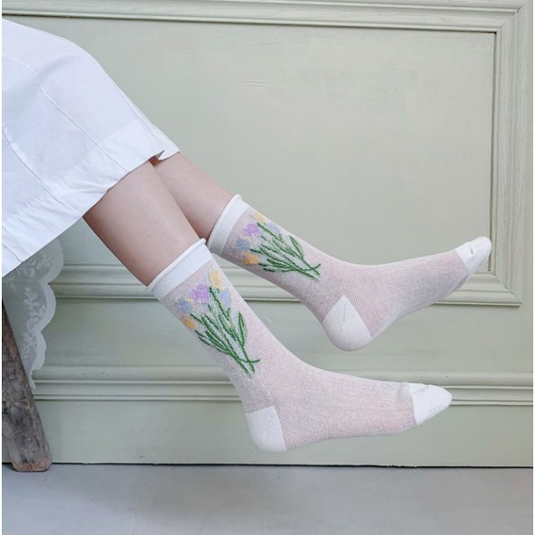 Шкарпетки сітчасті і ультратонкі з квітковою вишивкою і резинкою, жіночі сітчаті носочки, розмір 36-39, 1 пара