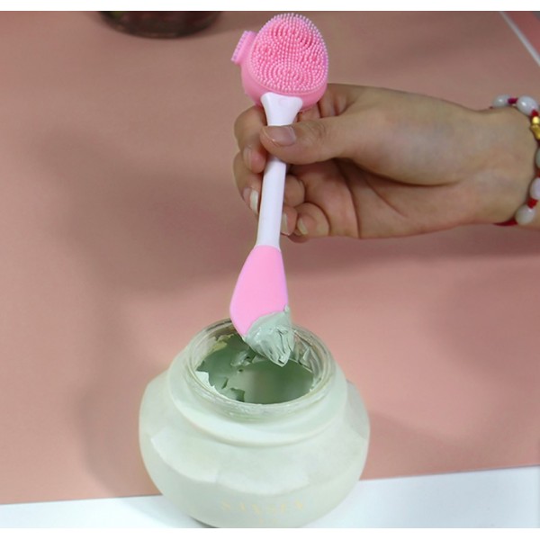 Щітка силіконова, двостороння, для очищення шкіри обличчя, з круглою лопаткою, для нанесення масок, різні кольори