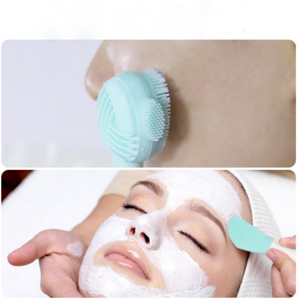 Щітка силіконова, двостороння, для очищення шкіри обличчя, із загостреною лопаткою для нанесення масок, різні кольори