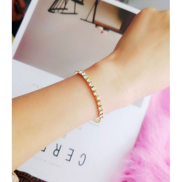 Браслет-резинка зі стразами, 1 ряд, "One Row of Stones", срібло-золото