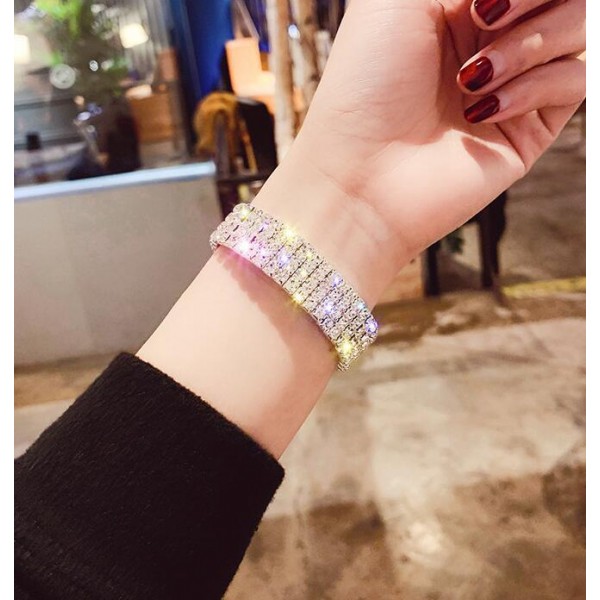 Браслет-резинка зі стразами у 4 ряди, "Four Row of Stones", срібло-золото