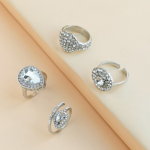 Кольца набор с камнями "Silver", цвет серебро, 4 шт
