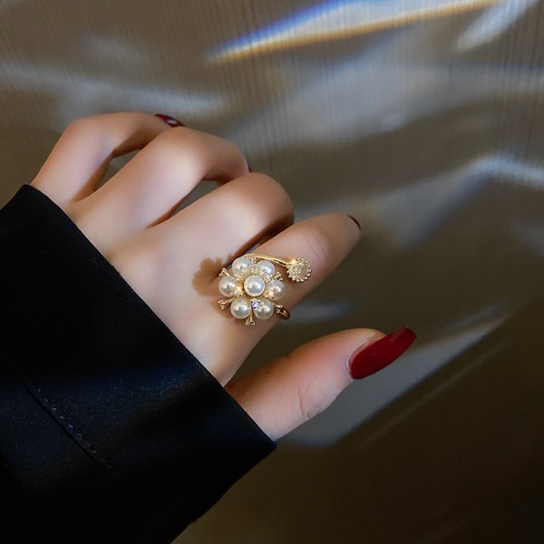 Каблучка - спіраль, із перлами та стразами, "Bud", колір золото, 1 шт