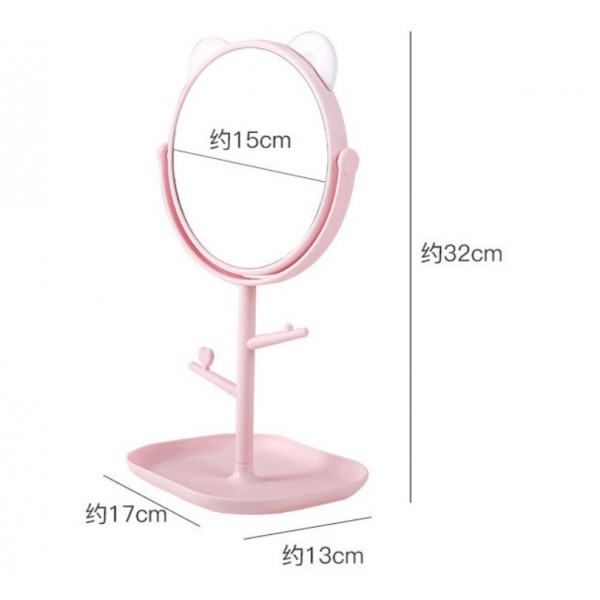 Дзеркало косметичне з вушками ведмедя, на підставці, з органайзером, рожеве