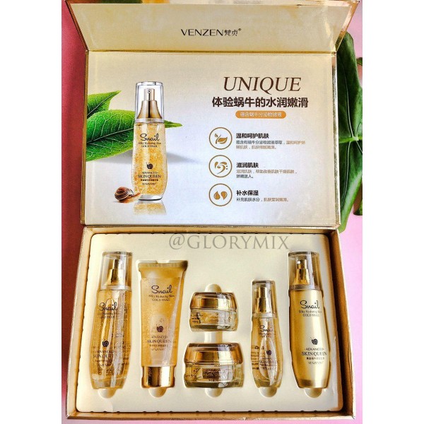 Подарунковий набір Venzen Silky Hydrating Skin GOLD SNAIL, з муцином равлики і нано-золотом, 6 засобів