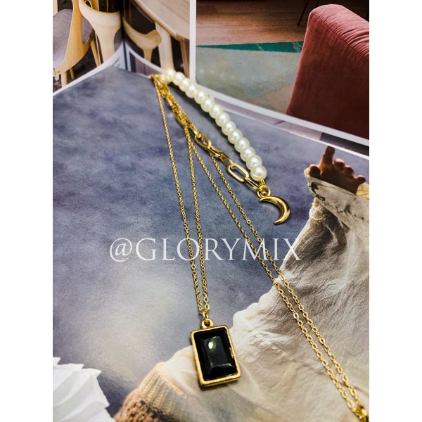 Ланцюжок багатошаровий з перлами "Black Stone", золото