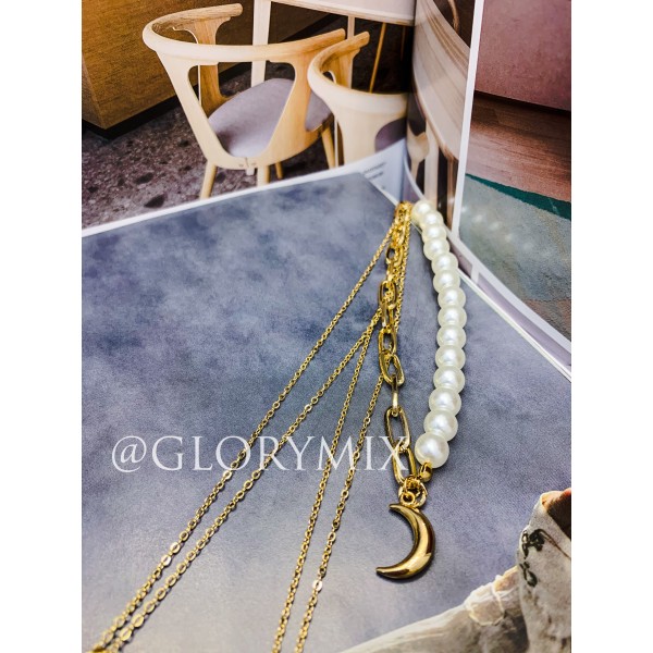 Ланцюжок багатошаровий з перлами "Black Stone", золото