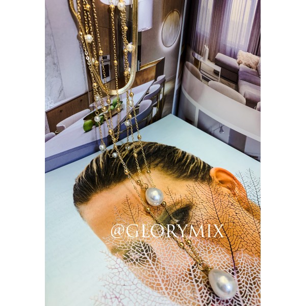 Ланцюжок багатошаровий, з перлами, "Pearl Duet", золото