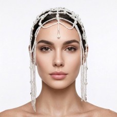 Обруч-сітка для волосся з ланцюжками з перлів "Fashion Style", прикраса на голову, білий