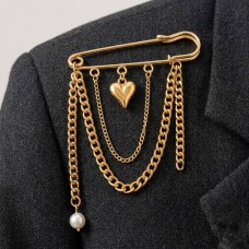 Брошка шпилька з ланцюжками і китицями "Heart and Lines", трендова прикраса на одяг, золото