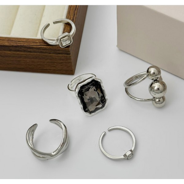 Набір стильних каблучок "Rings Crystal", трендові жіночі кільця, срібло, 5 шт