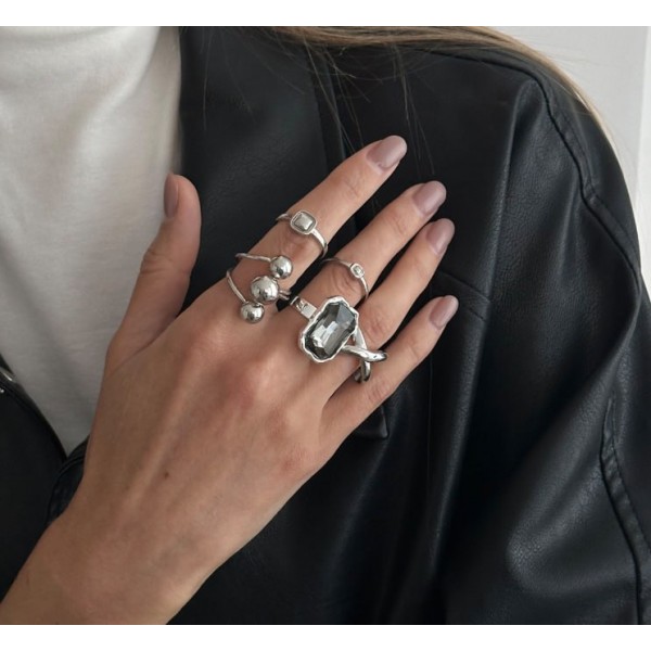 Набір стильних каблучок "Rings Crystal", трендові жіночі кільця, срібло, 5 шт