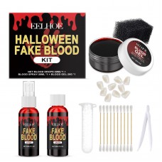 Набір для гриму та спецефектів зі штучної крові на Хеллоуїн EELHOE Halloween Fake Blood Kit (спрей, краплі, гель, ікла), 3х30 мл